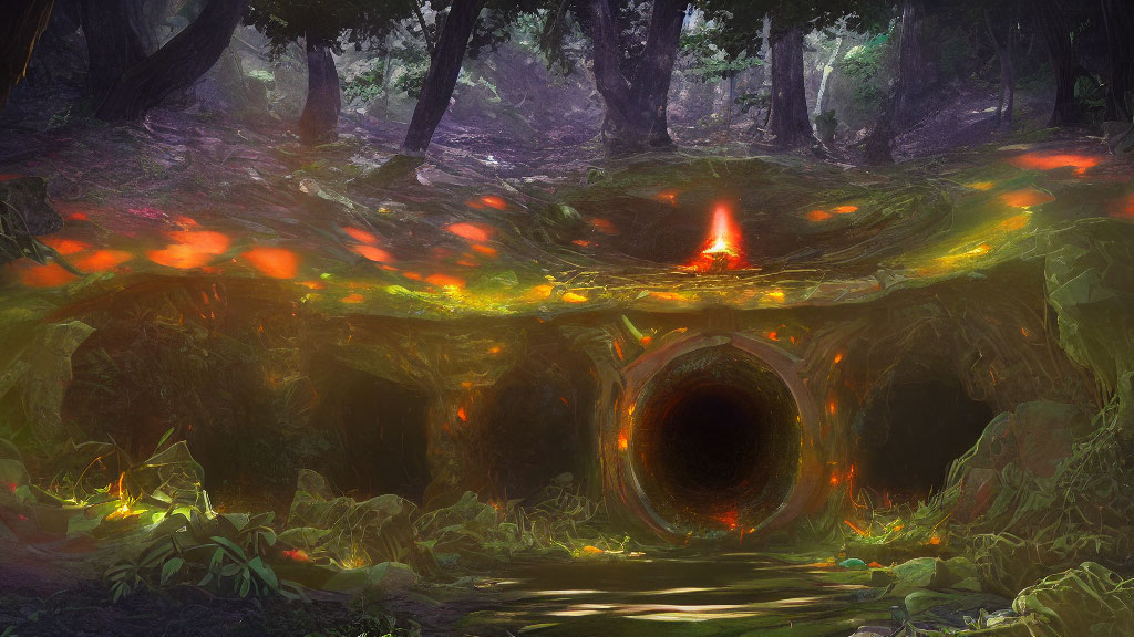 Mystical forest scene with glowing red portal and vibrant vegetation