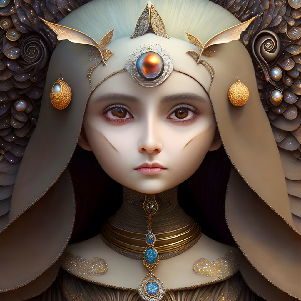 Fantastical digital art portrait of a female figure with ornate jewelry and headdress