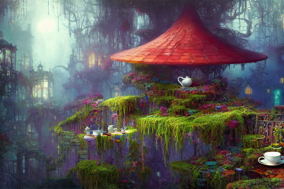 Vibrant digital forest scene with mushroom structure and teapots