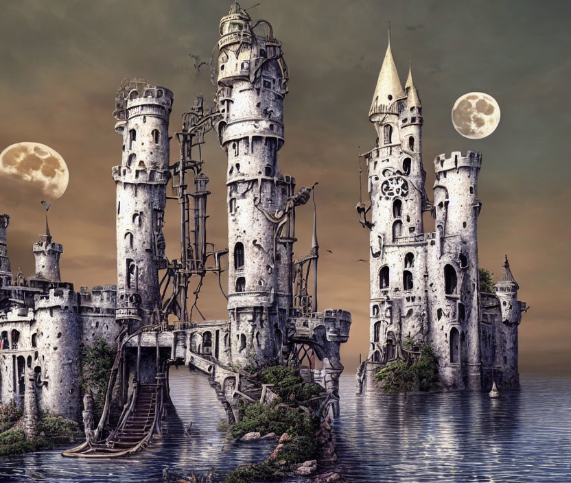 Medieval fantasy towers over water with dual moons in the sky