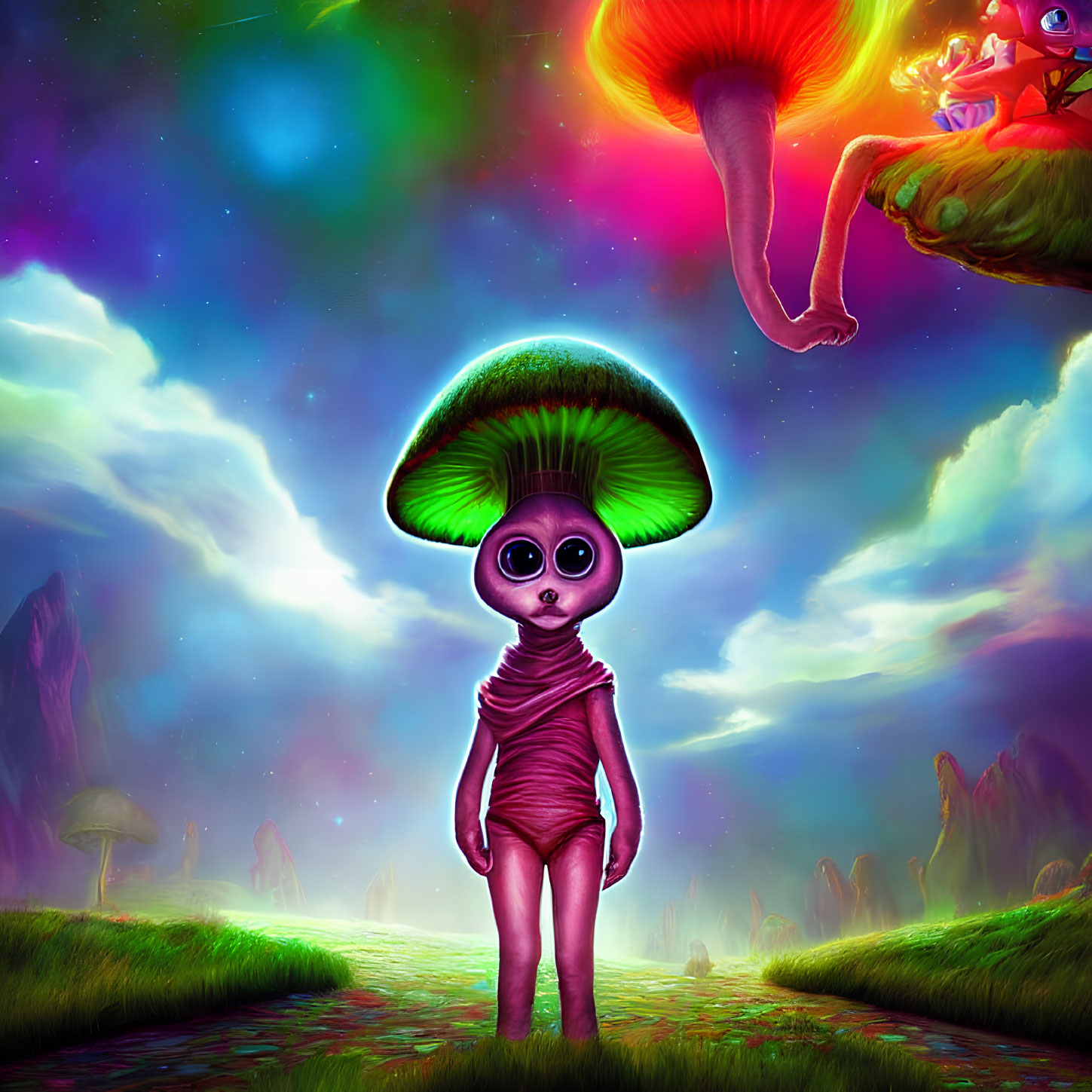 Vibrant digital artwork: alien with mushroom cap head in surreal landscape