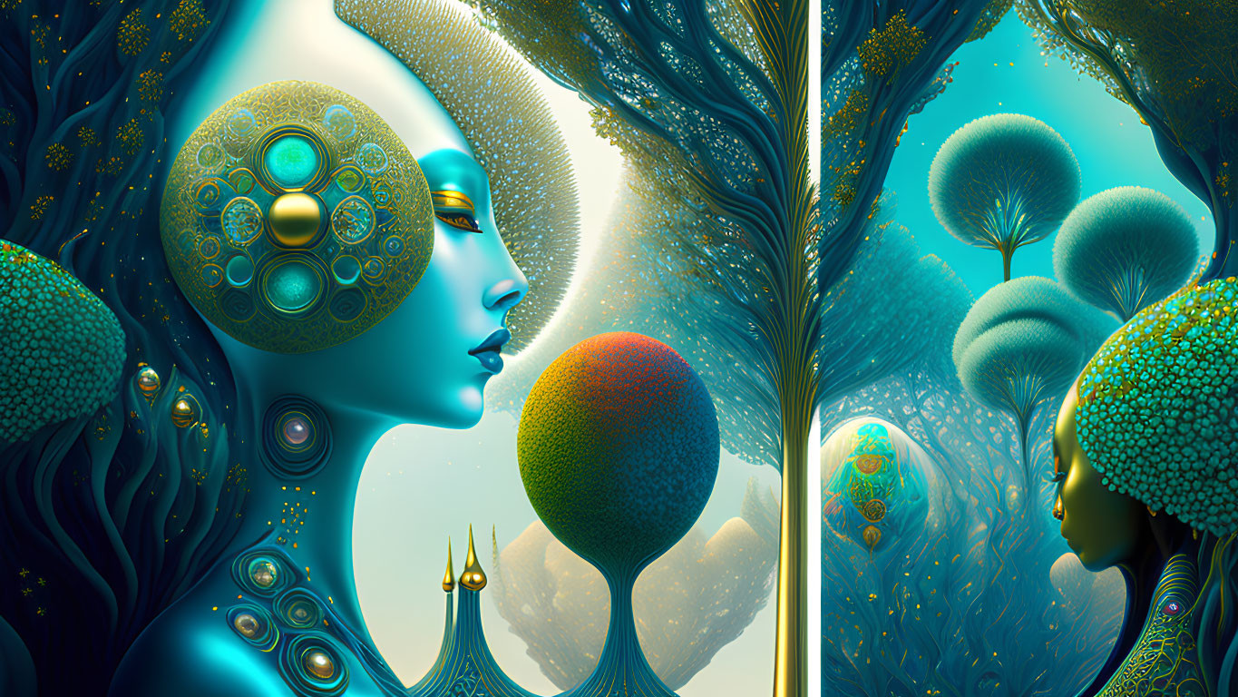 Fantasy artwork of two blue-skinned figures in surreal forest