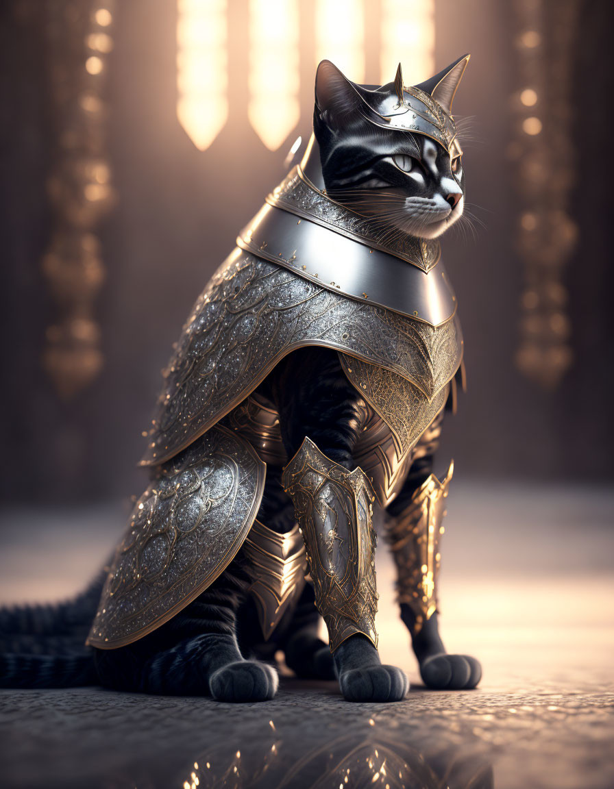 Cat in Medieval Armor Stands in Regal Hall