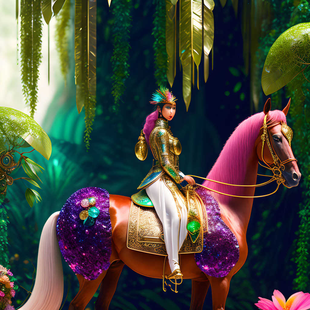 Illustrated woman in ornate armor riding pink-maned horse through lush green forest