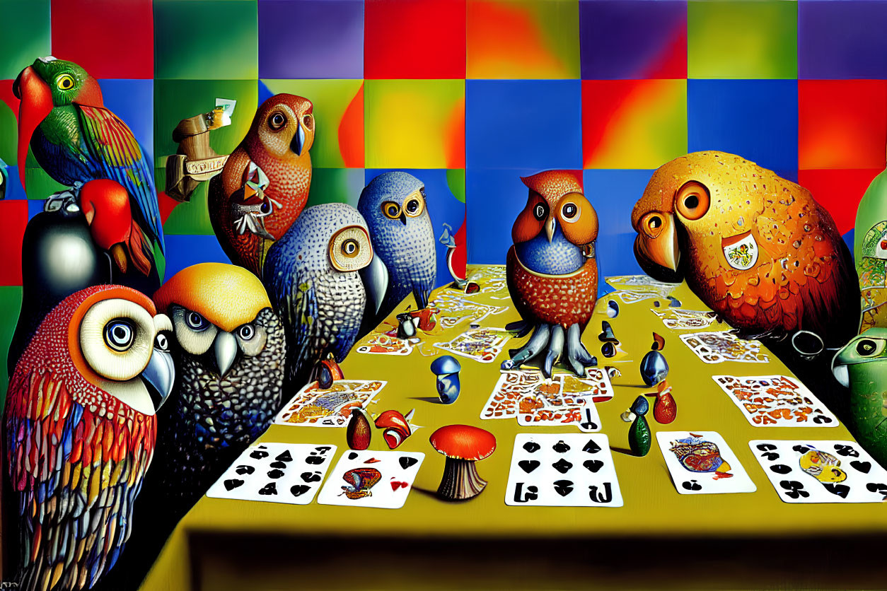 Vibrant painting of anthropomorphic owls playing poker on checkered background