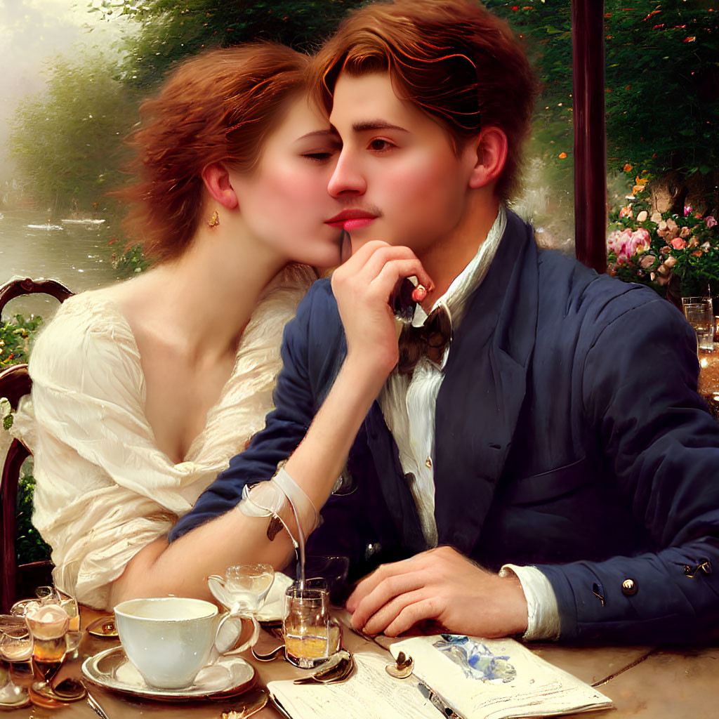 Classical painting of woman embracing man with tea and letter in natural setting