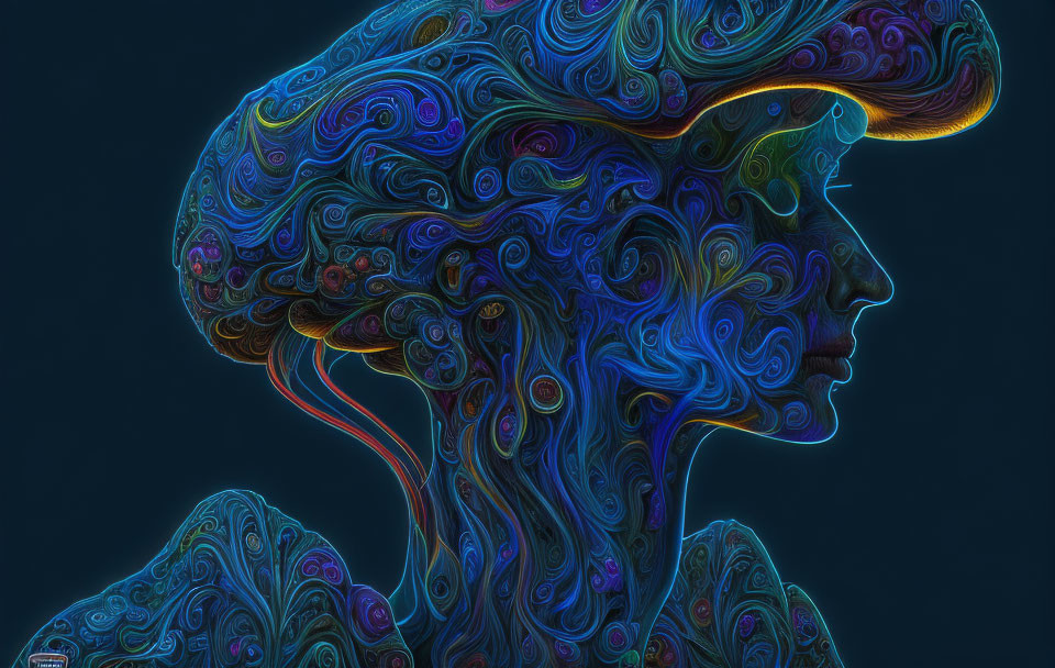 Abstract digital profile with colorful swirling patterns on dark background.