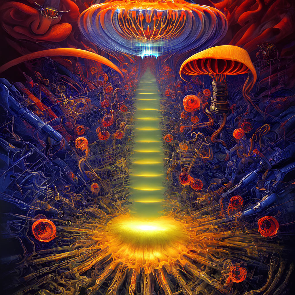 Surreal digital artwork: Vibrant yellow pathway, blue portal, orange jellyfish, mechanical elements