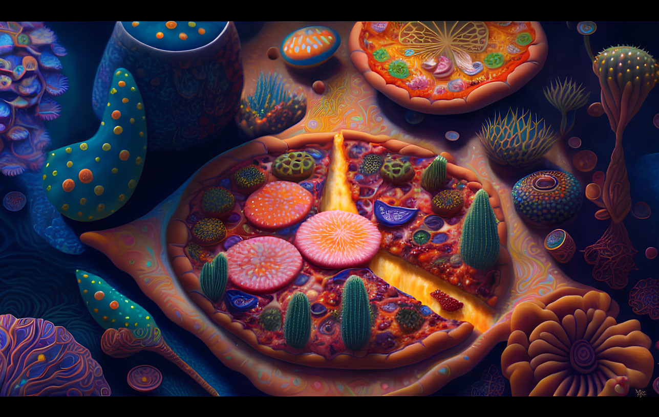 Colorful Surreal Pizza Scene with Plants and Fungi