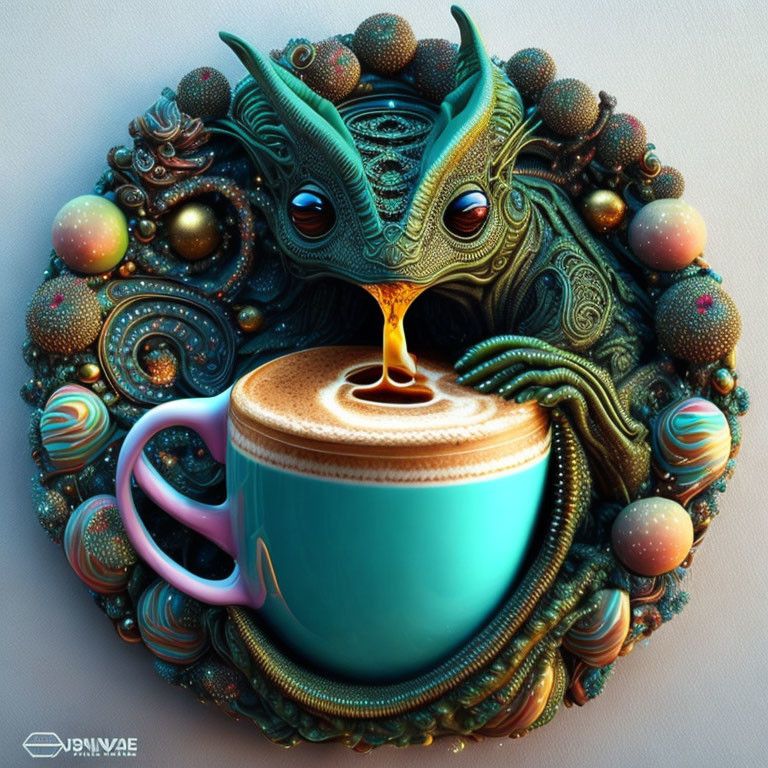 Colorful 3D Artwork: Turquoise Cup & Multi-Eyed Creature Pouring Liquid