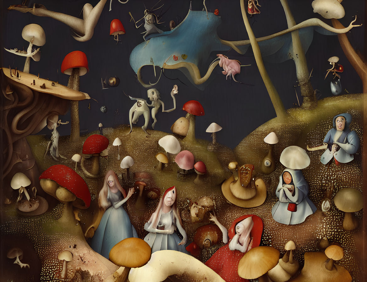 Surreal painting featuring human figures, animals, and oversized mushrooms in dark, dreamlike setting