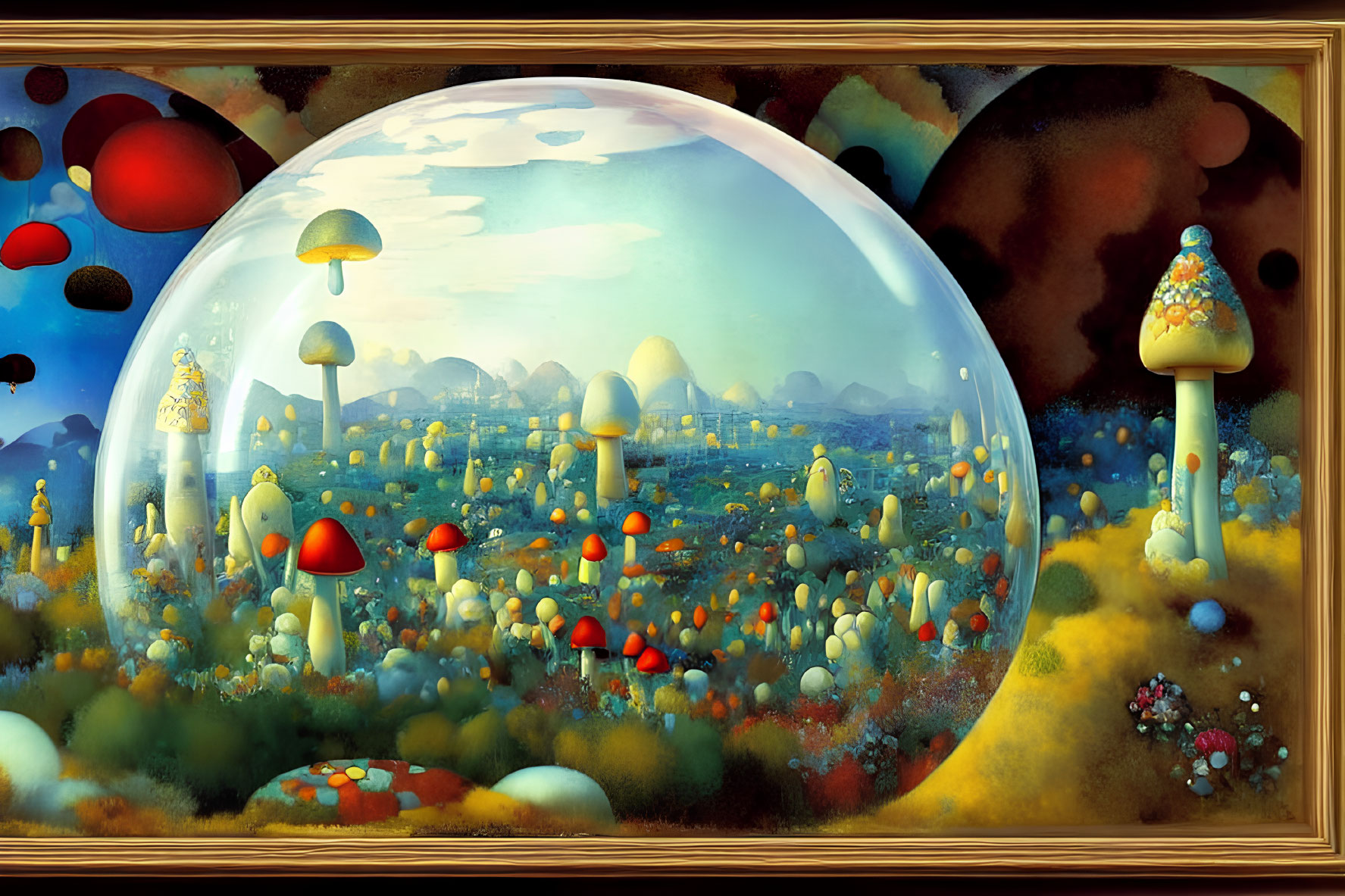 Colorful Mushroom Landscape Under Transparent Dome in Surreal Setting