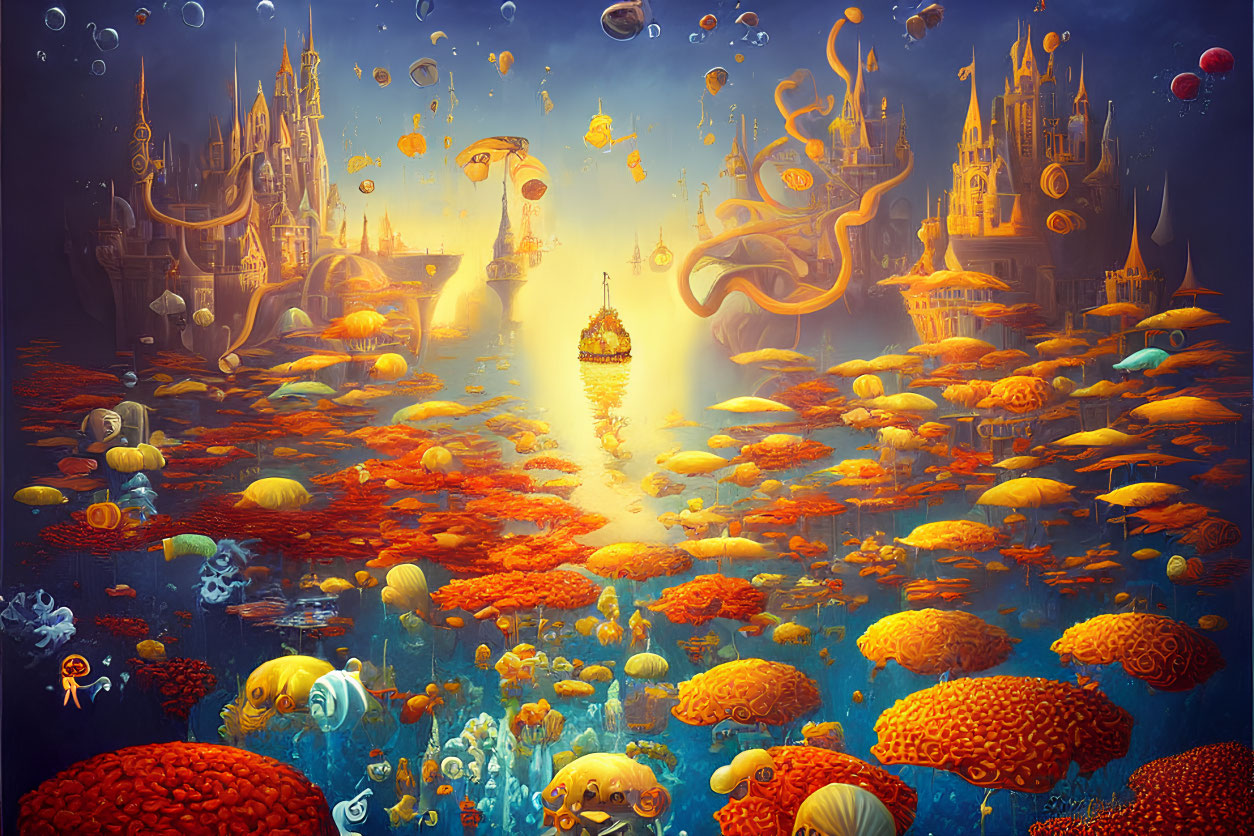 Colorful Underwater Scene with Coral, Sea Creatures, and Whimsical Architecture