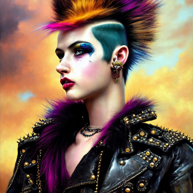 Colorful Mohawk, Vibrant Makeup, Studded Leather Attire & Earrings