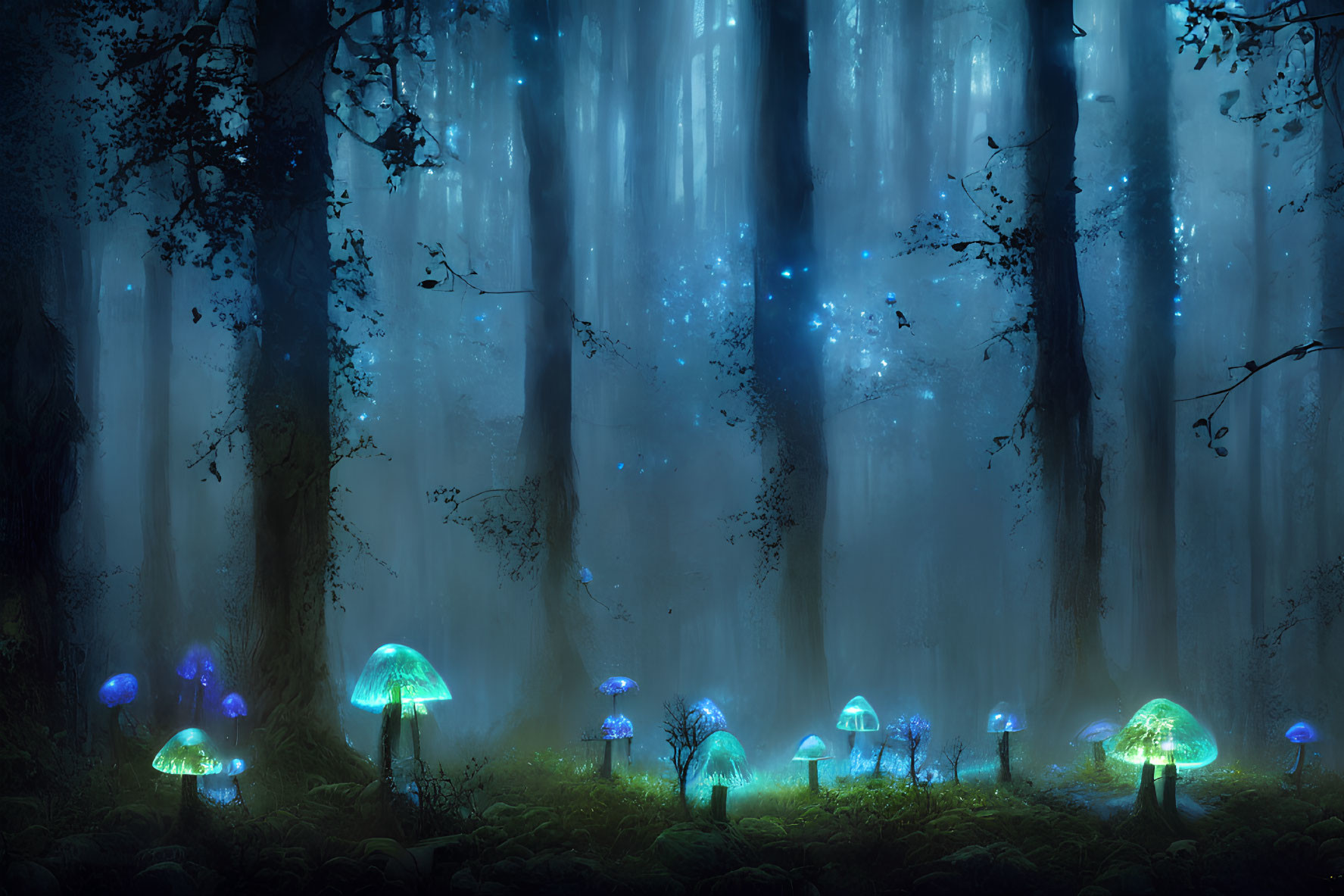 Nighttime forest scene with glowing blue mushrooms and ethereal lights.