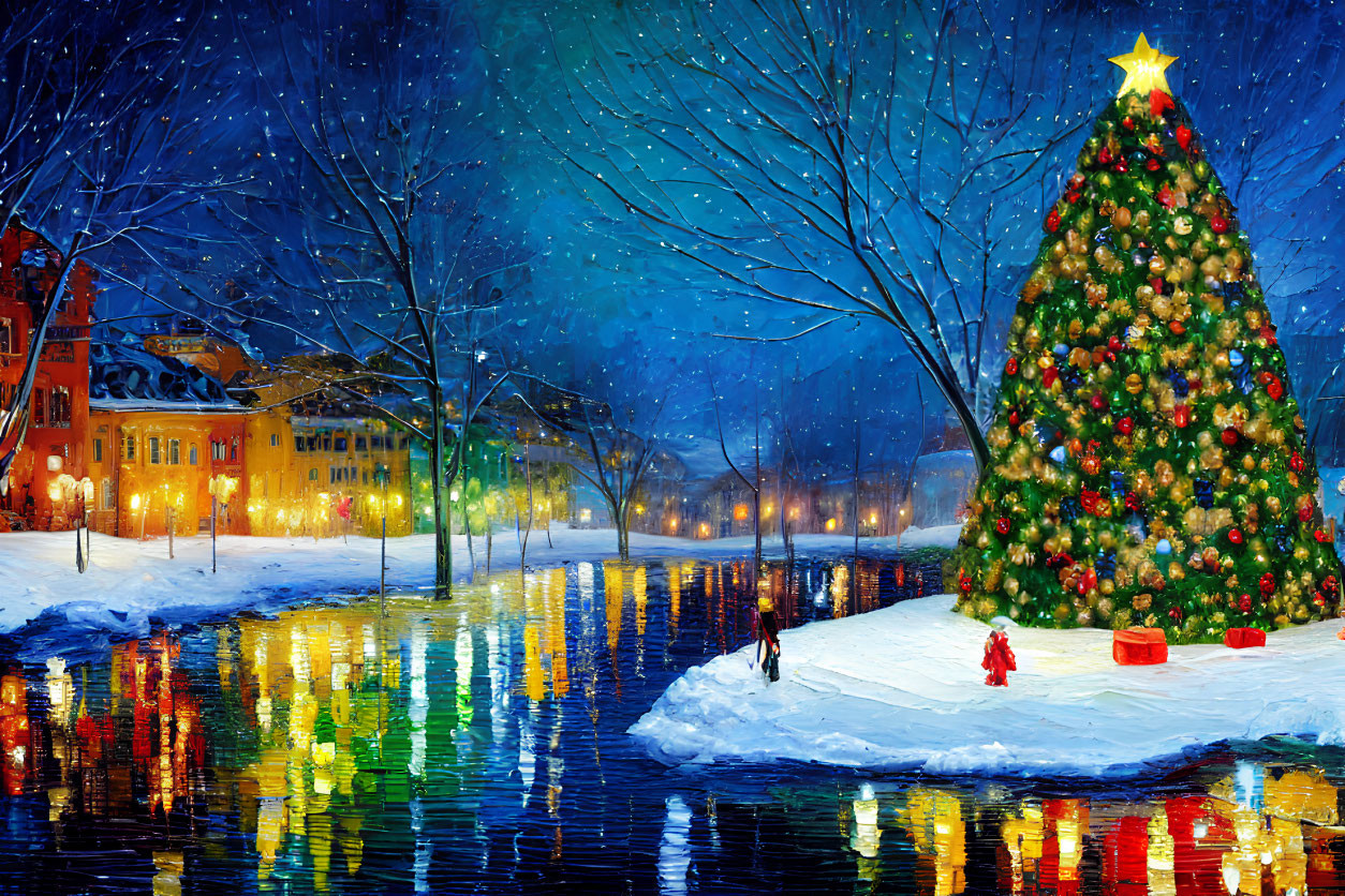 Snowy Christmas scene with decorated tree by river & colorful lights under starry sky