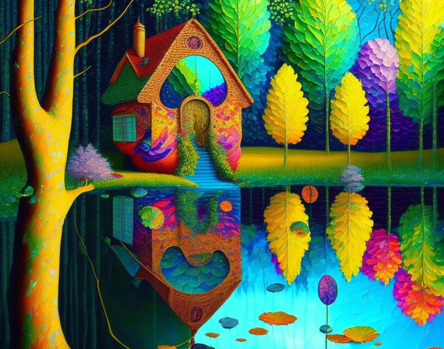 Colorful Fantasy Artwork: Whimsical House, Multicolored Trees, Tranquil Pond