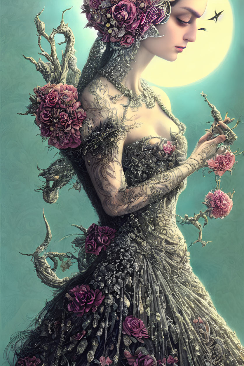 Detailed illustration of woman in floral gown with moon background