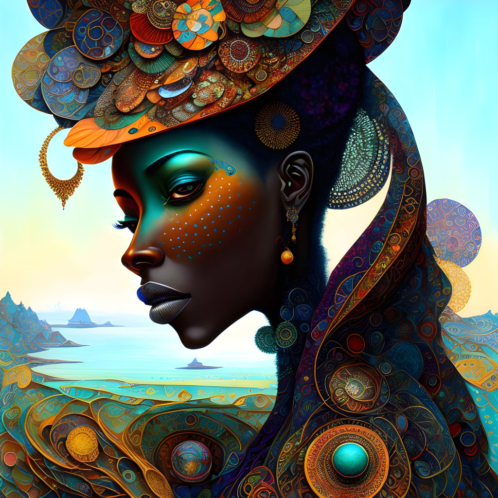 Colorful digital artwork of woman with dark skin in intricate headgear and jewelry against serene seascape.