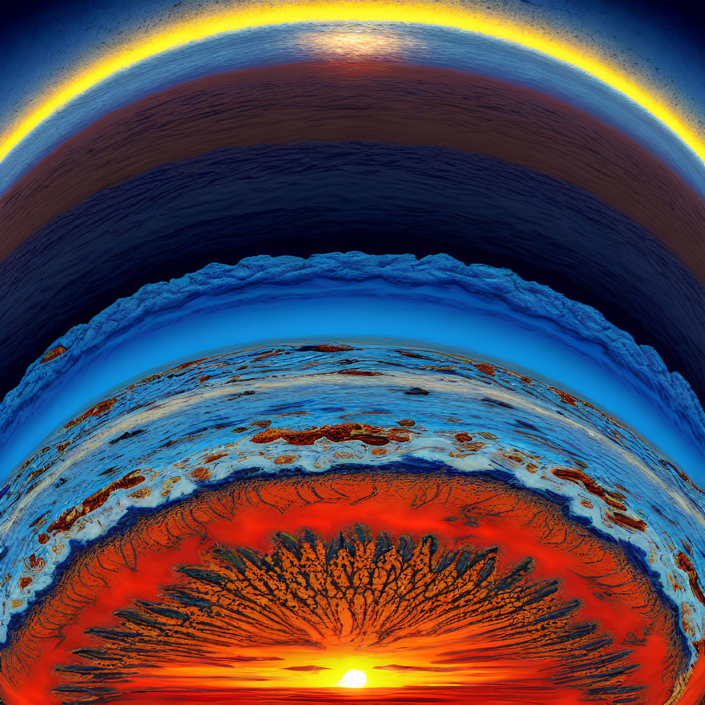 Circular surreal landscape with vibrant blue and orange sunrise horizon