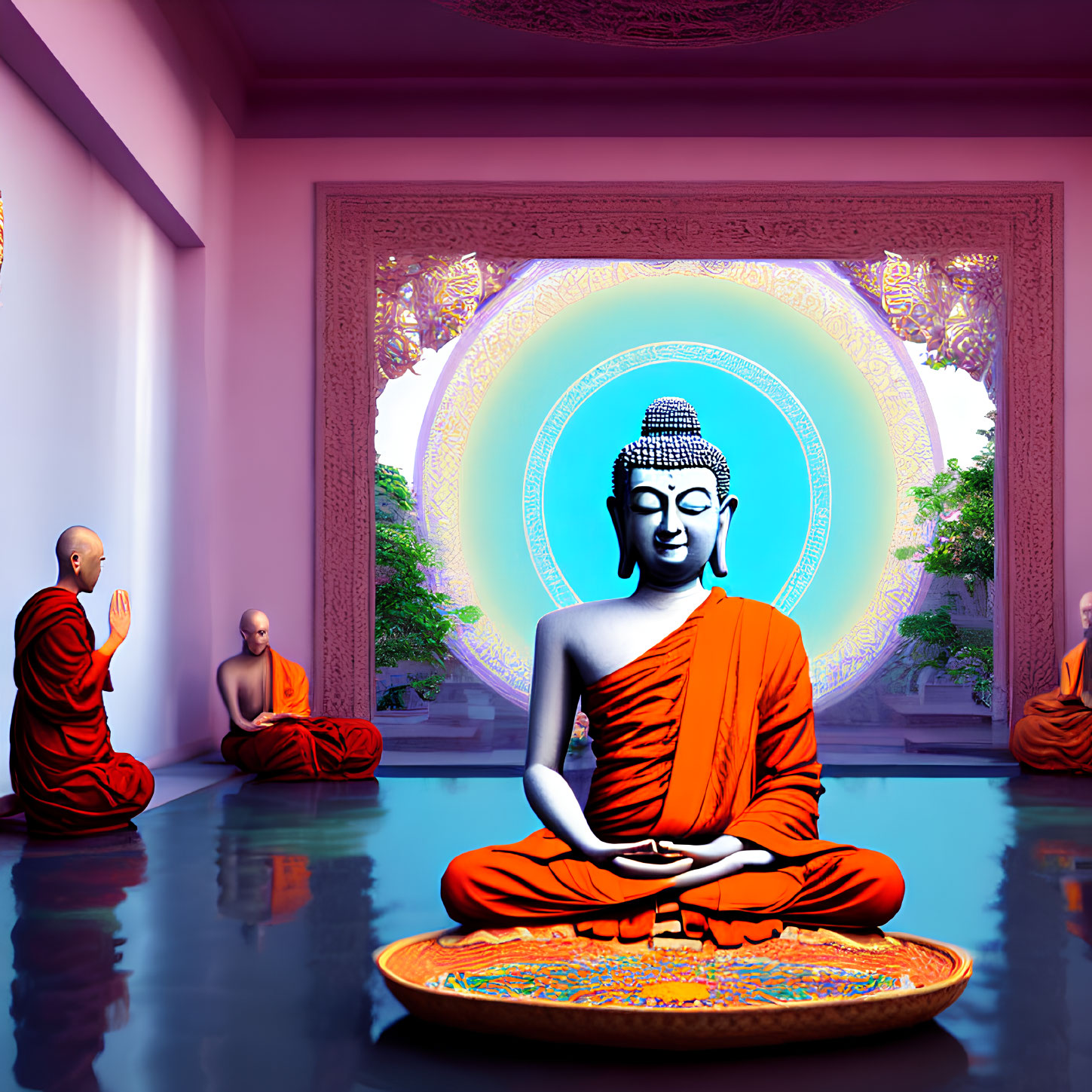 Large Buddha statue in meditation with monks against ornate backdrop