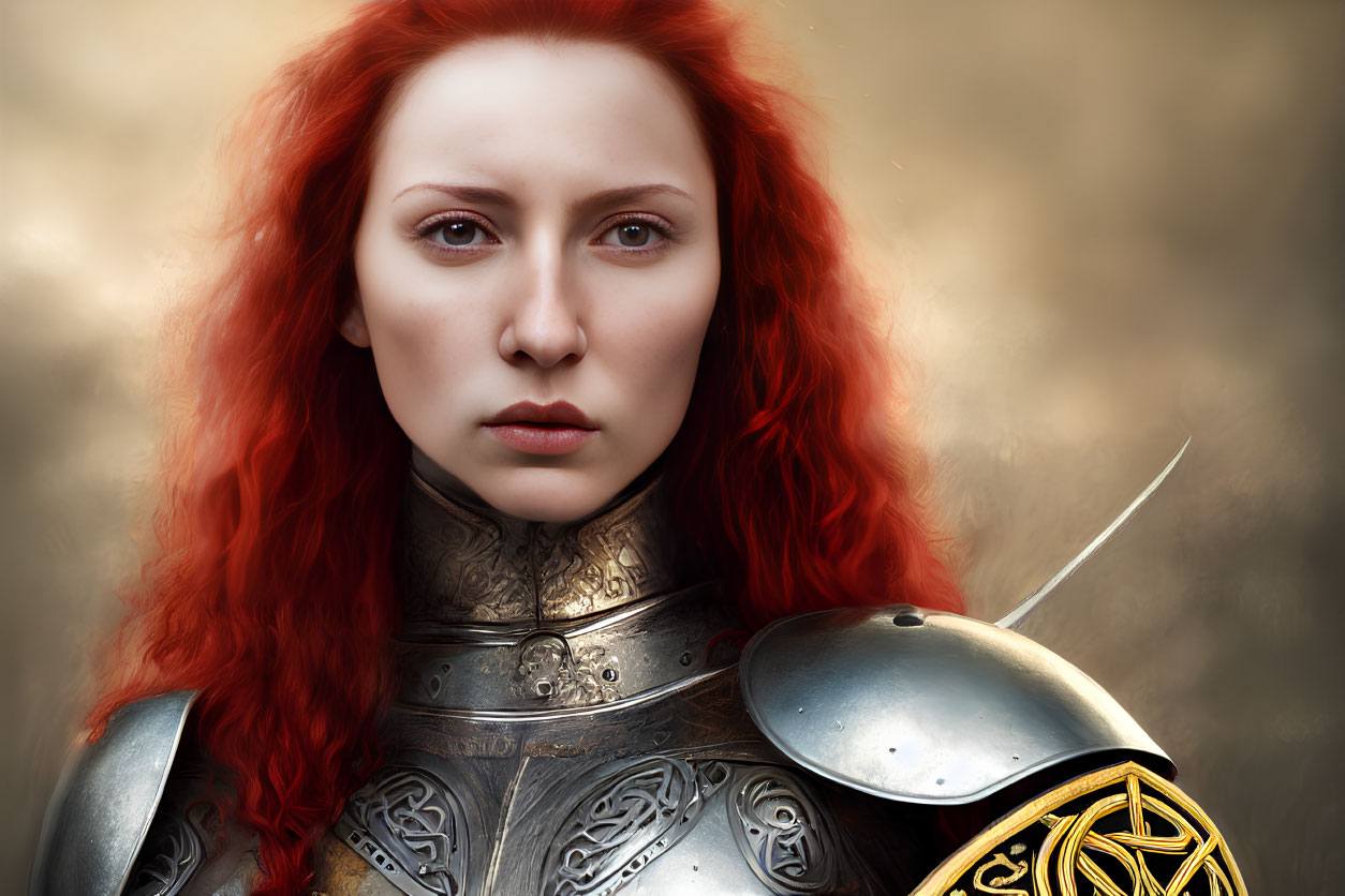 Striking red-haired woman in medieval armor with golden emblem on helmet