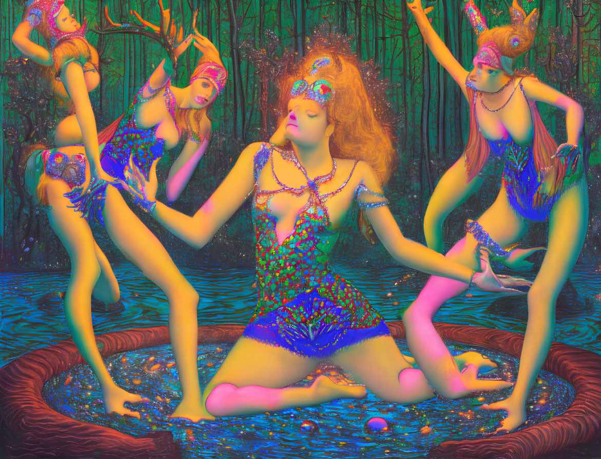 Colorful mythical female figures with horns dancing in surreal forest.