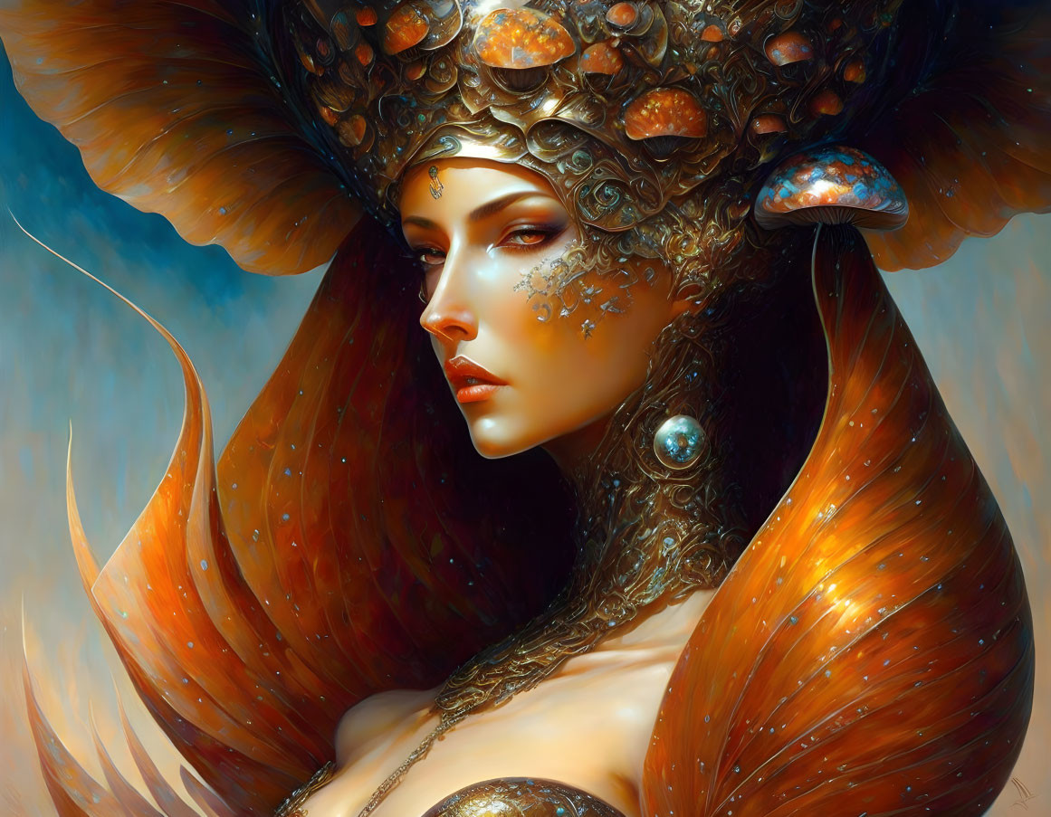 Fantasy portrait of woman with golden headdress and auburn hair