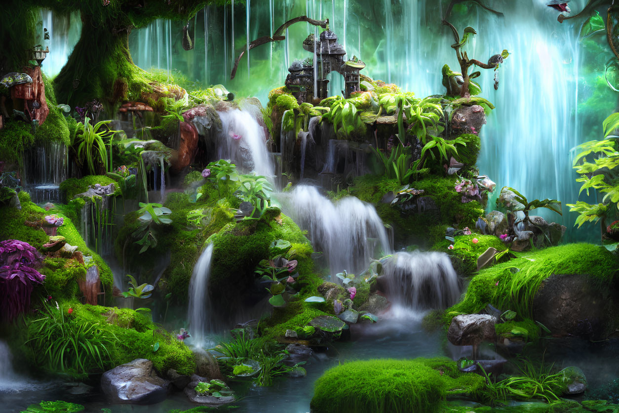 Lush Waterfall in Enchanted Forest with Mystical Structures