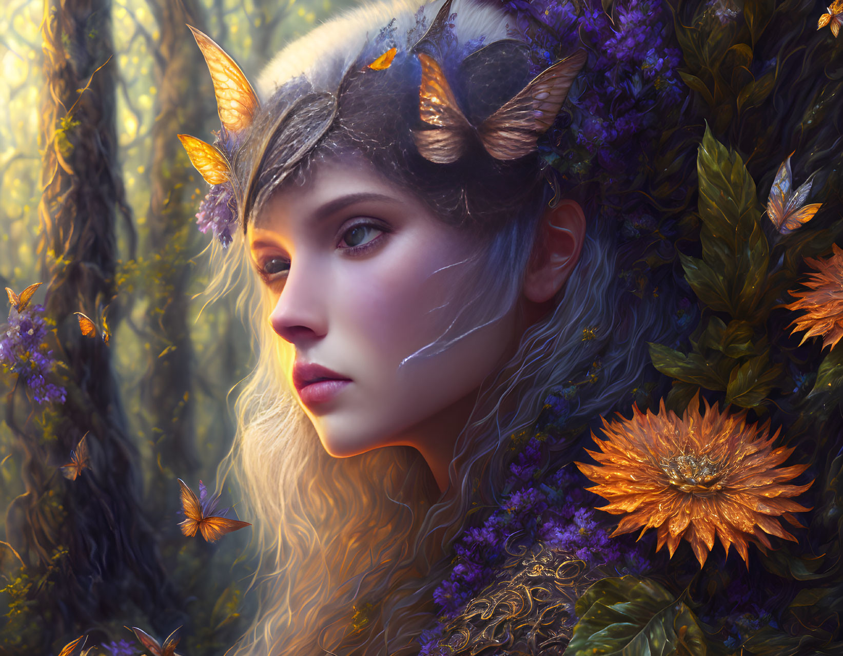 Mystical woman with wolf ears and butterflies in vibrant floral setting