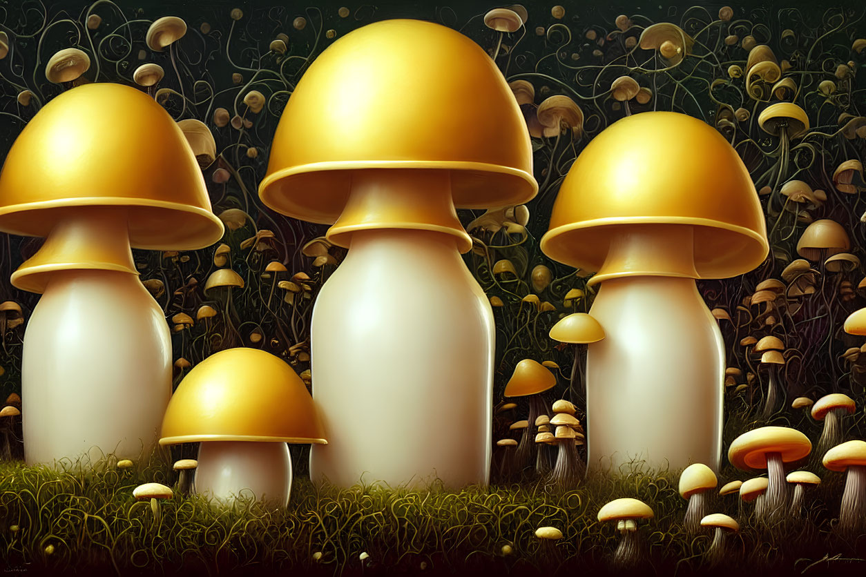 Fantasy illustration of glowing mushroom caps in enchanted forest