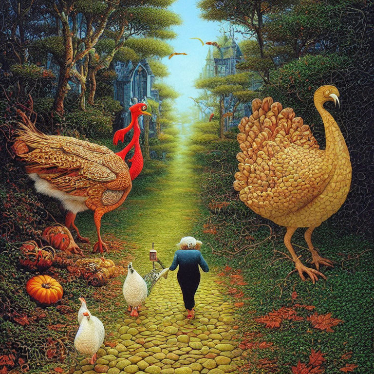 Elderly woman walking on cobblestone path with oversized poultry and village scenery