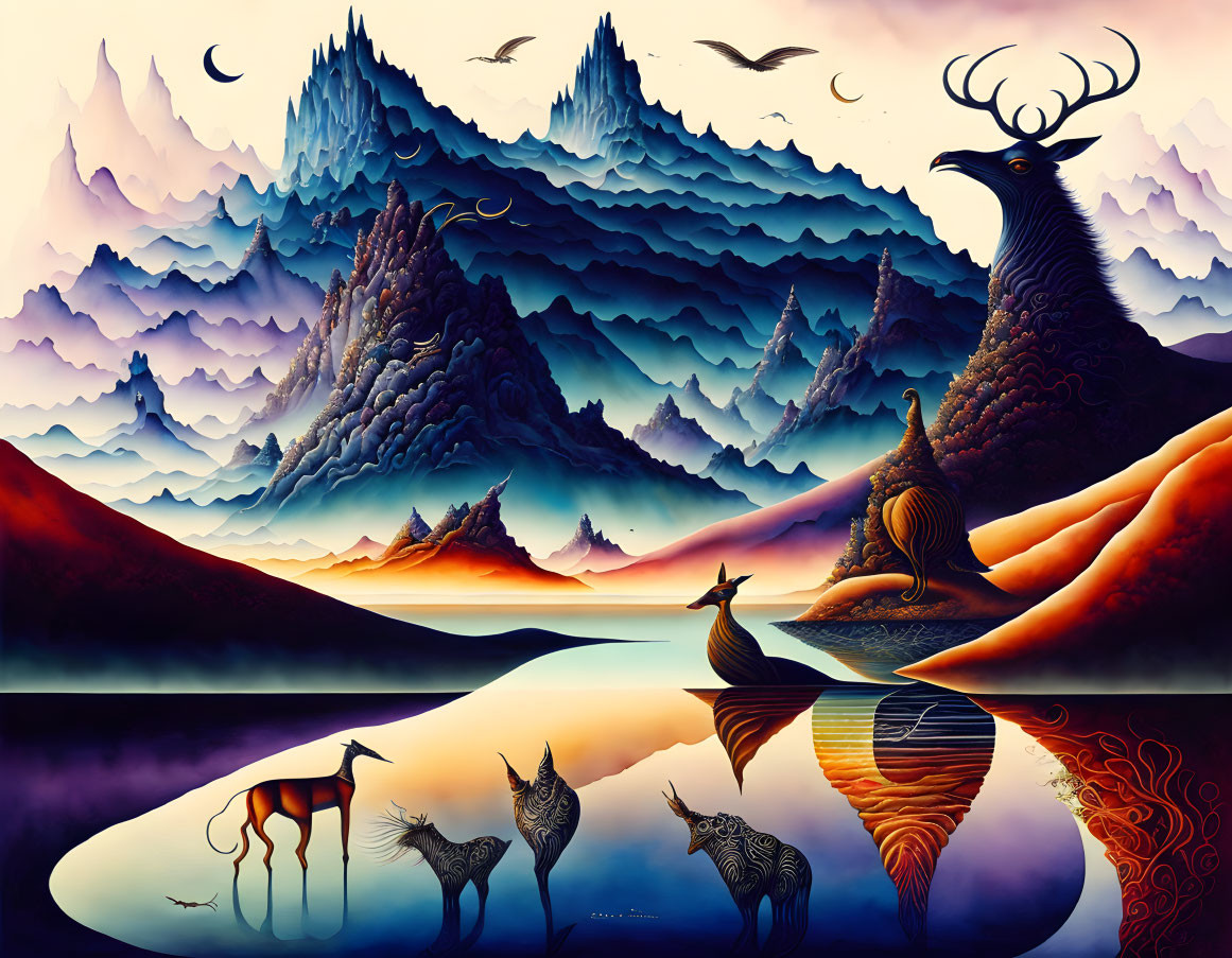 Surreal landscape with layered mountains, bird with antlers, deer-like creatures, and reflective water