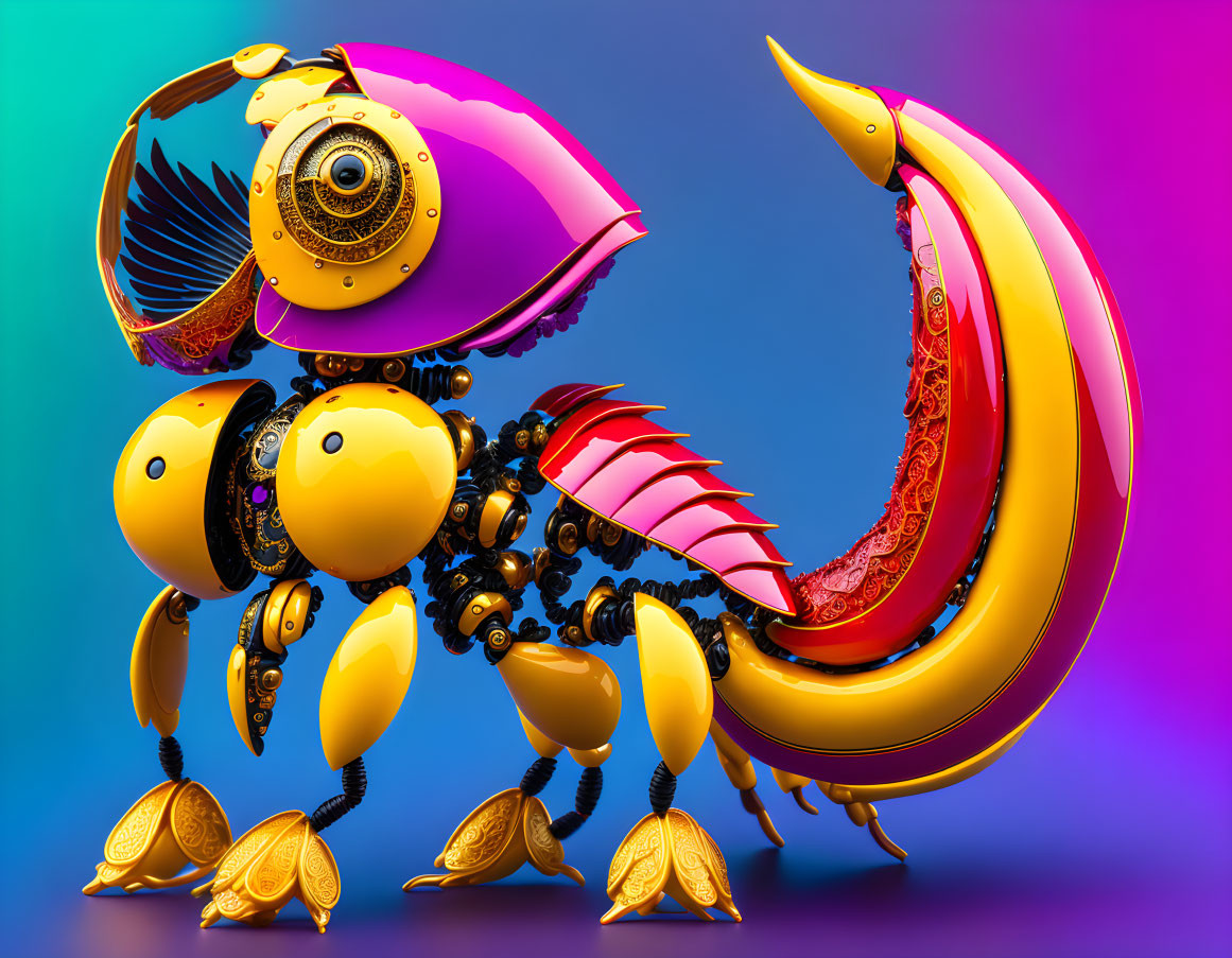 Colorful Mechanical Bird with Large Eye and Golden Beak on Gradient Background