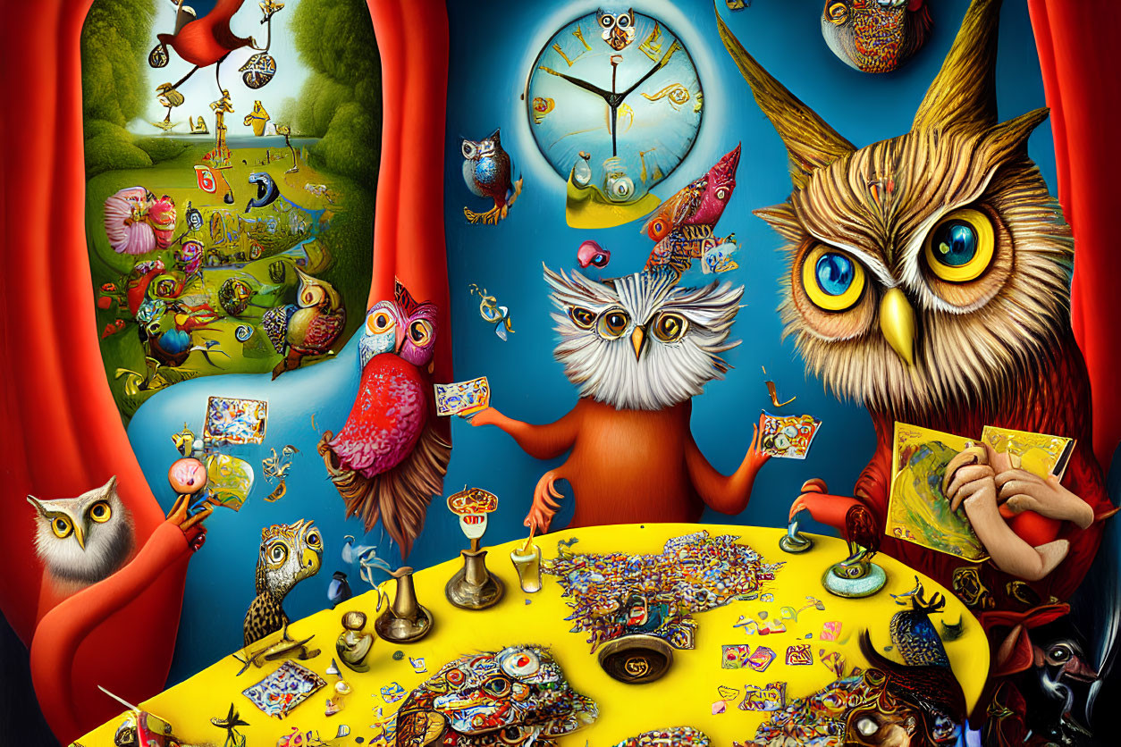 Colorful fantasy illustration: anthropomorphic owls playing cards in whimsical setting