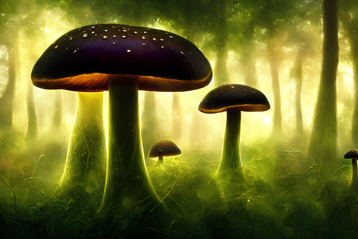 Mystical forest floor with glowing mushrooms & verdant canopy.