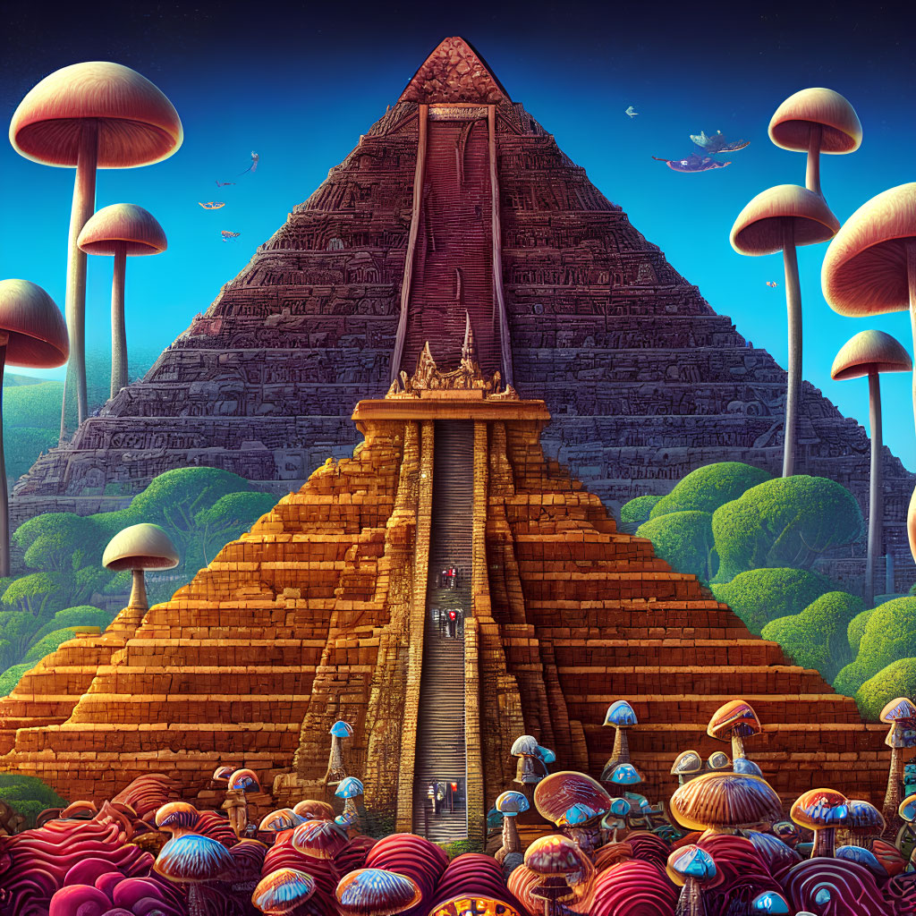 Colorful Mushroom Flanked Pyramid in Fantasy Landscape