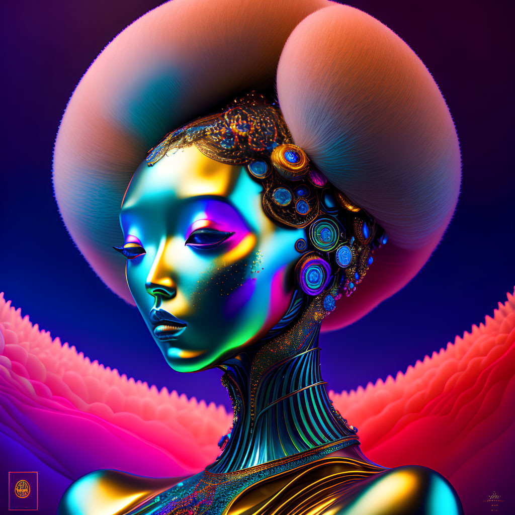 Colorful digital artwork: female figure with headdress, metallic skin, intricate patterns on psychedelic background