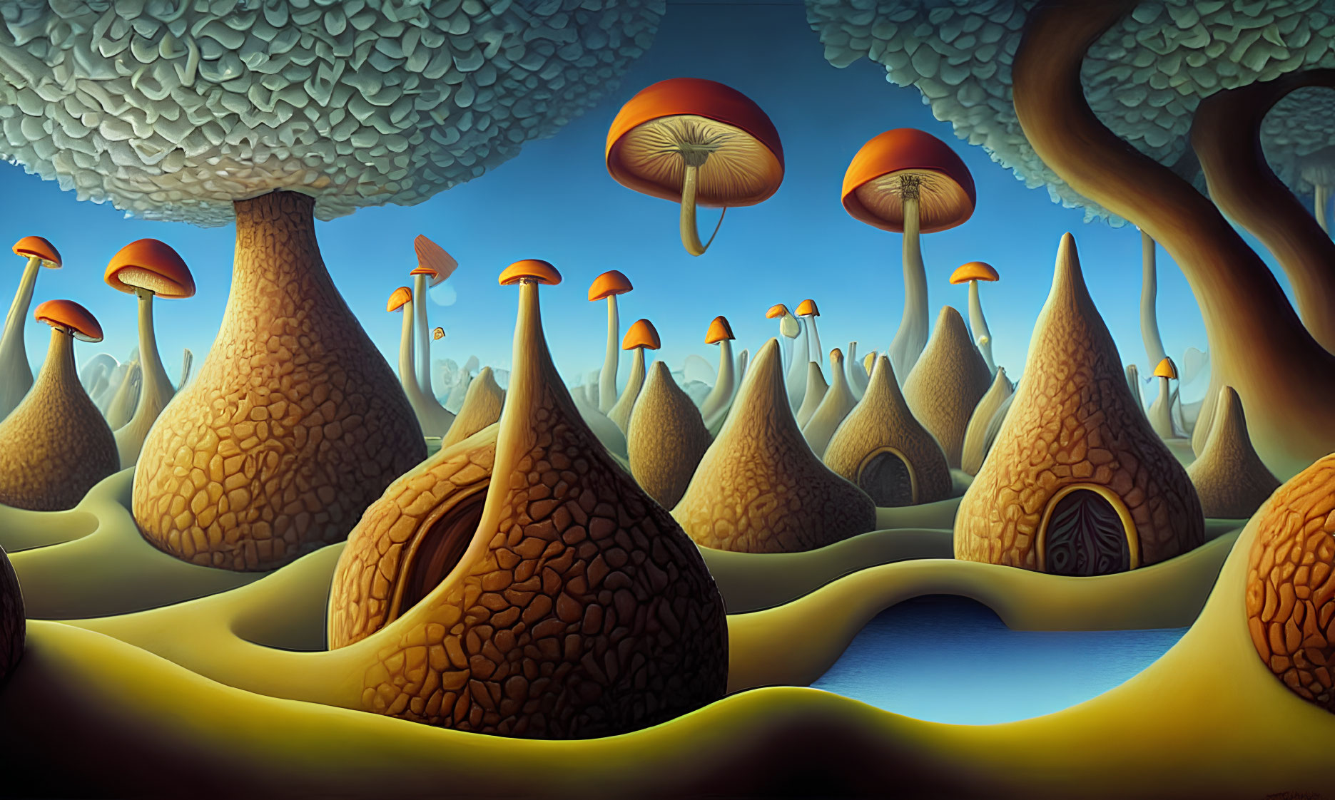 Surreal landscape with mushroom trees and blue sky