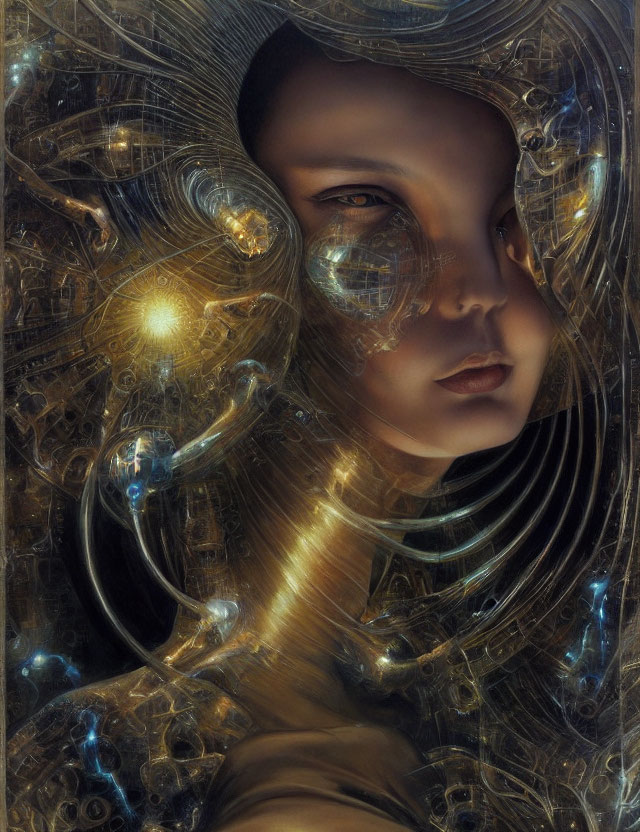 Intricate golden mechanical details on surreal portrait.