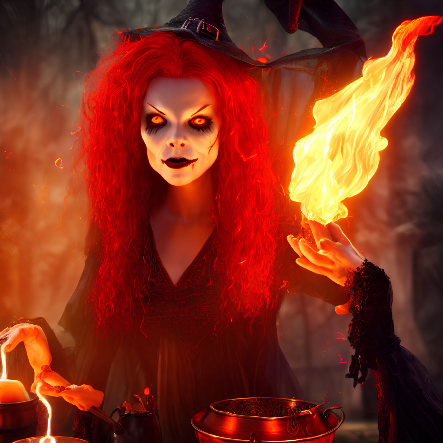 Red-haired witch conjures fire in dark forest under crescent moon