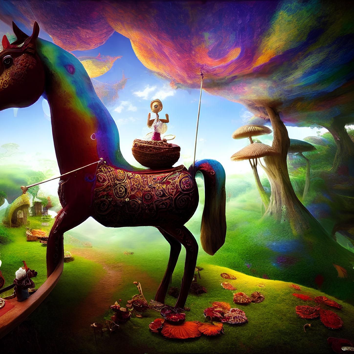 Colorful Landscape with Patterned Horse Statue, Child Playing, and Oversized Mushrooms