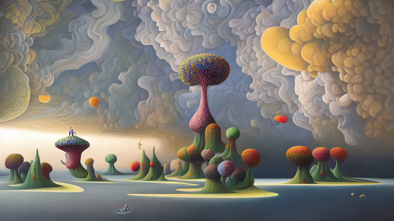 Colorful surreal landscape with mushroom-like structures and floating boats under cloudy sky