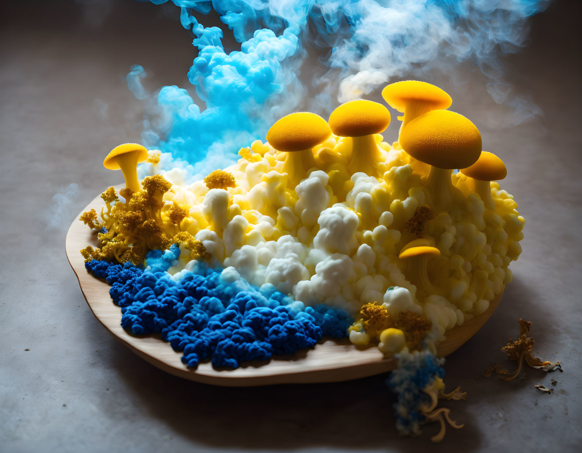 Colorful Mushroom-like Sculptures on Platter with Blue Smoke