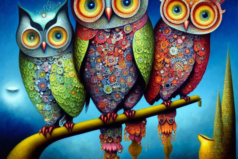 Colorful Stylized Owls Perched on Branch at Night