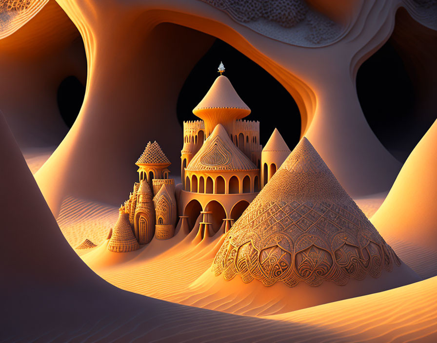 Intricate sandcastle with domes and towers in surreal dune landscape