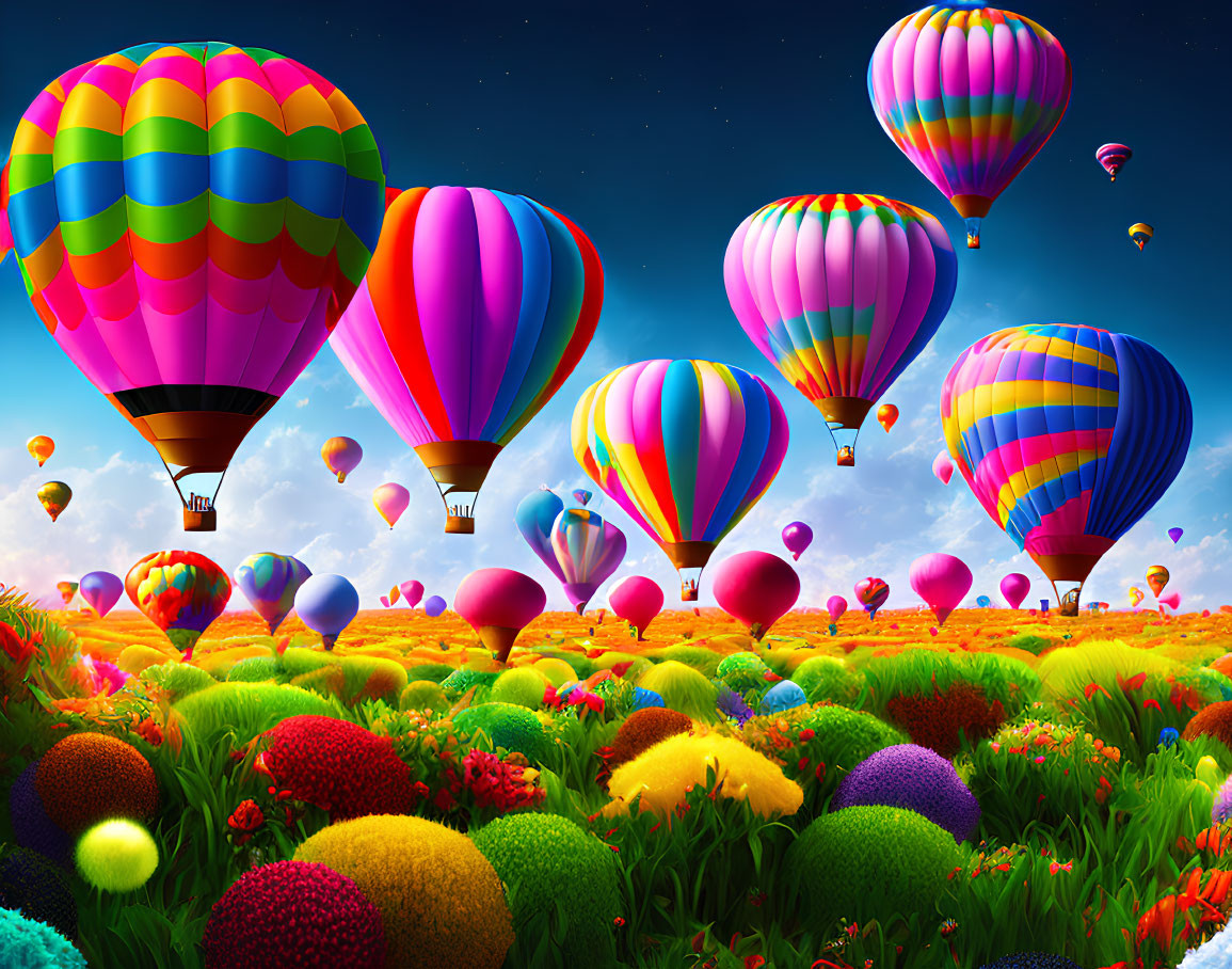 Vibrant hot air balloons over colorful flower field