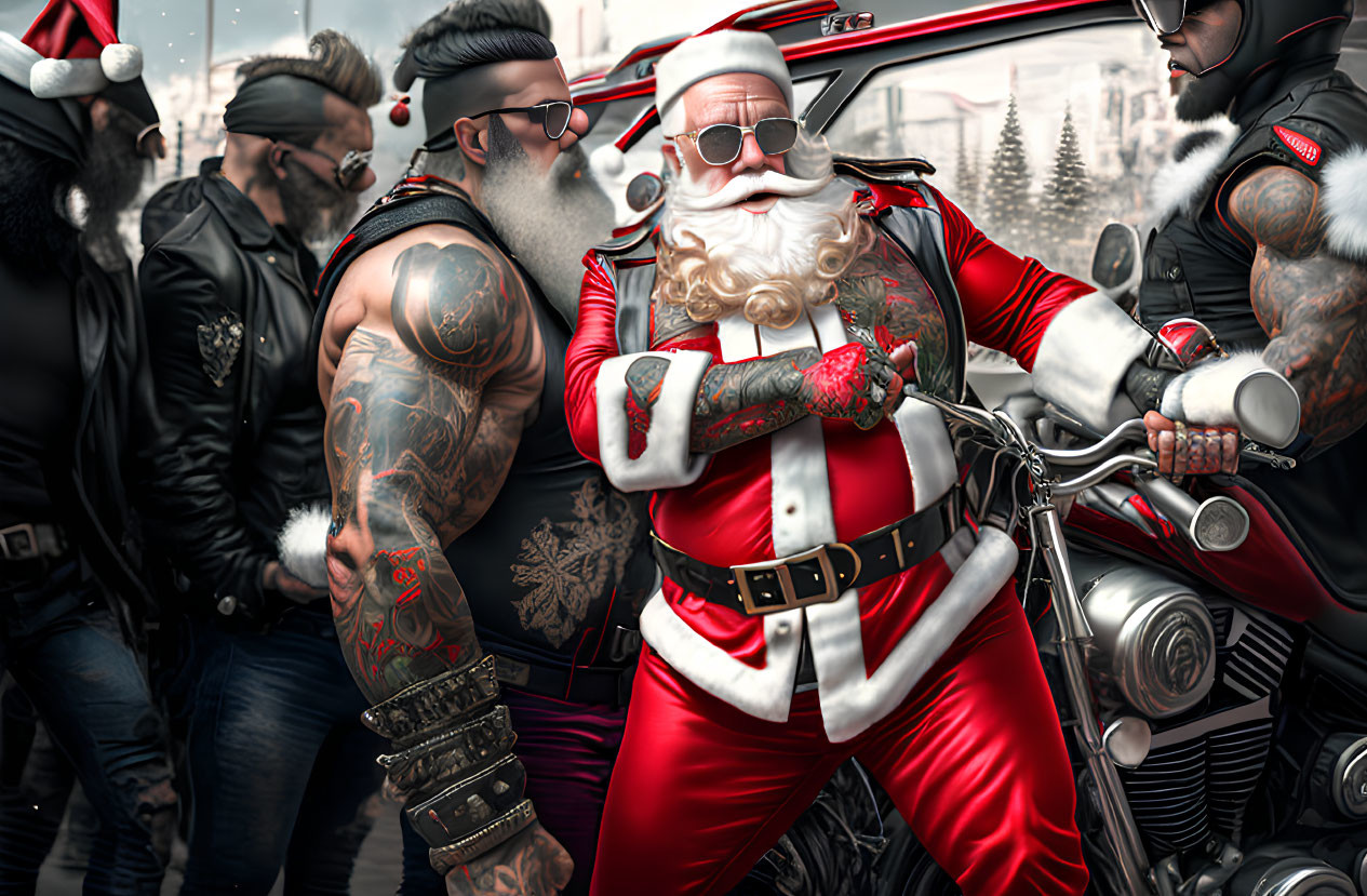 Group of tough bikers with Santa Claus and tattoos on motorcycle.