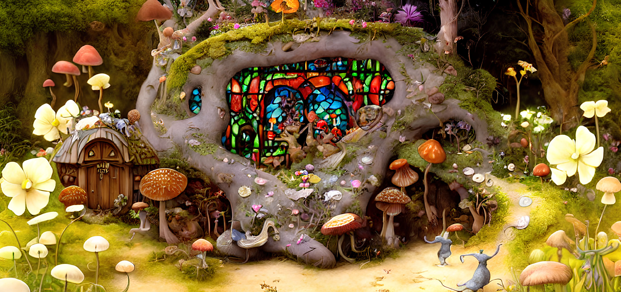 Enchanted forest cottage with stained glass window and vibrant flora