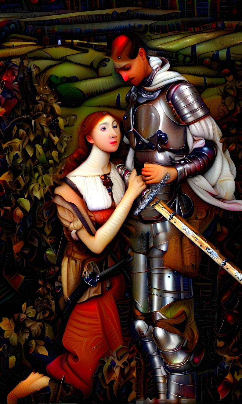 Woman holds sword trying to keep knight at home